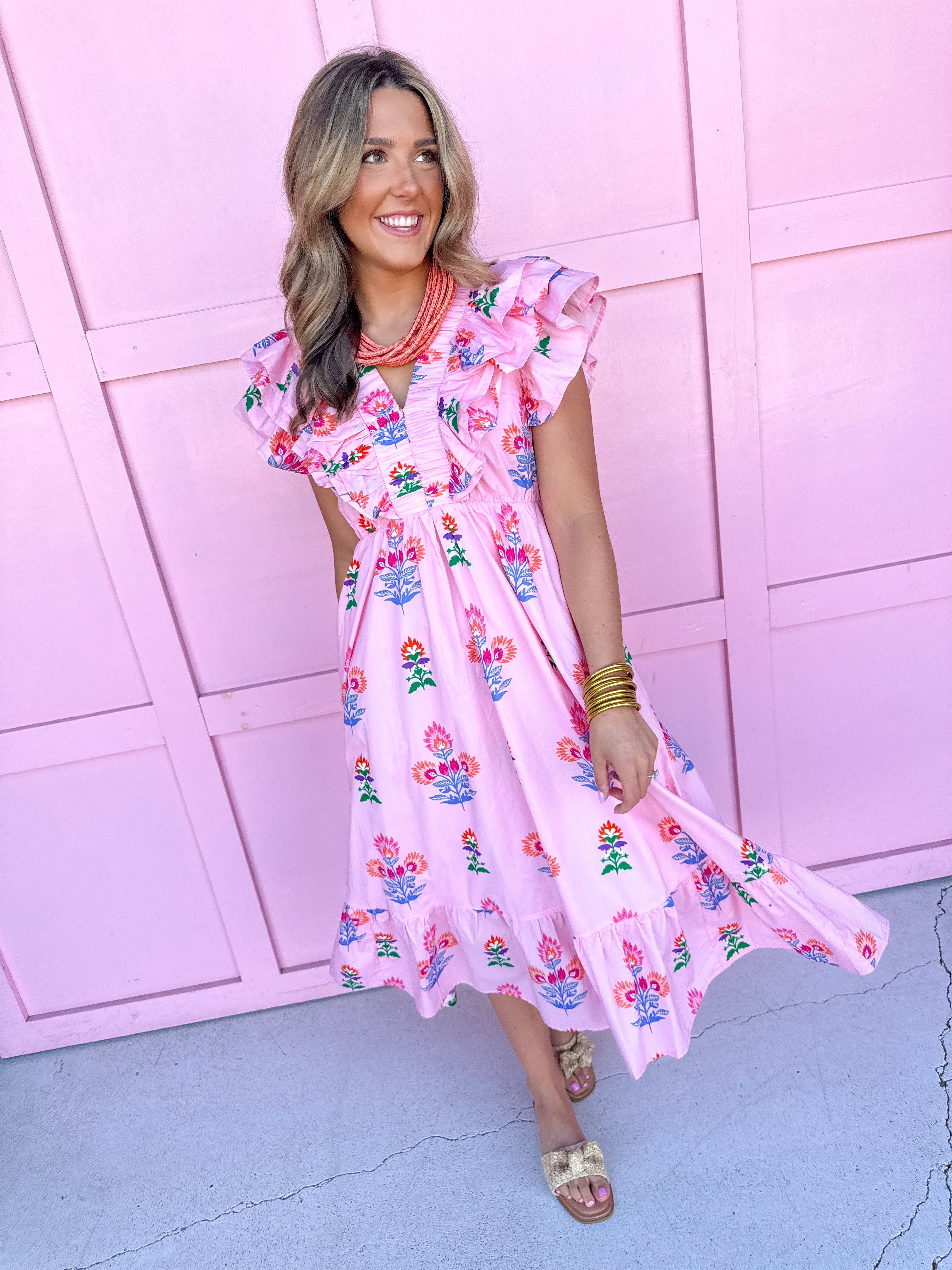pink floral pattern vneck ruffle sleeves lined pockets womens boutique jincy's