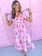pink floral pattern vneck ruffle sleeves lined pockets womens boutique jincy's