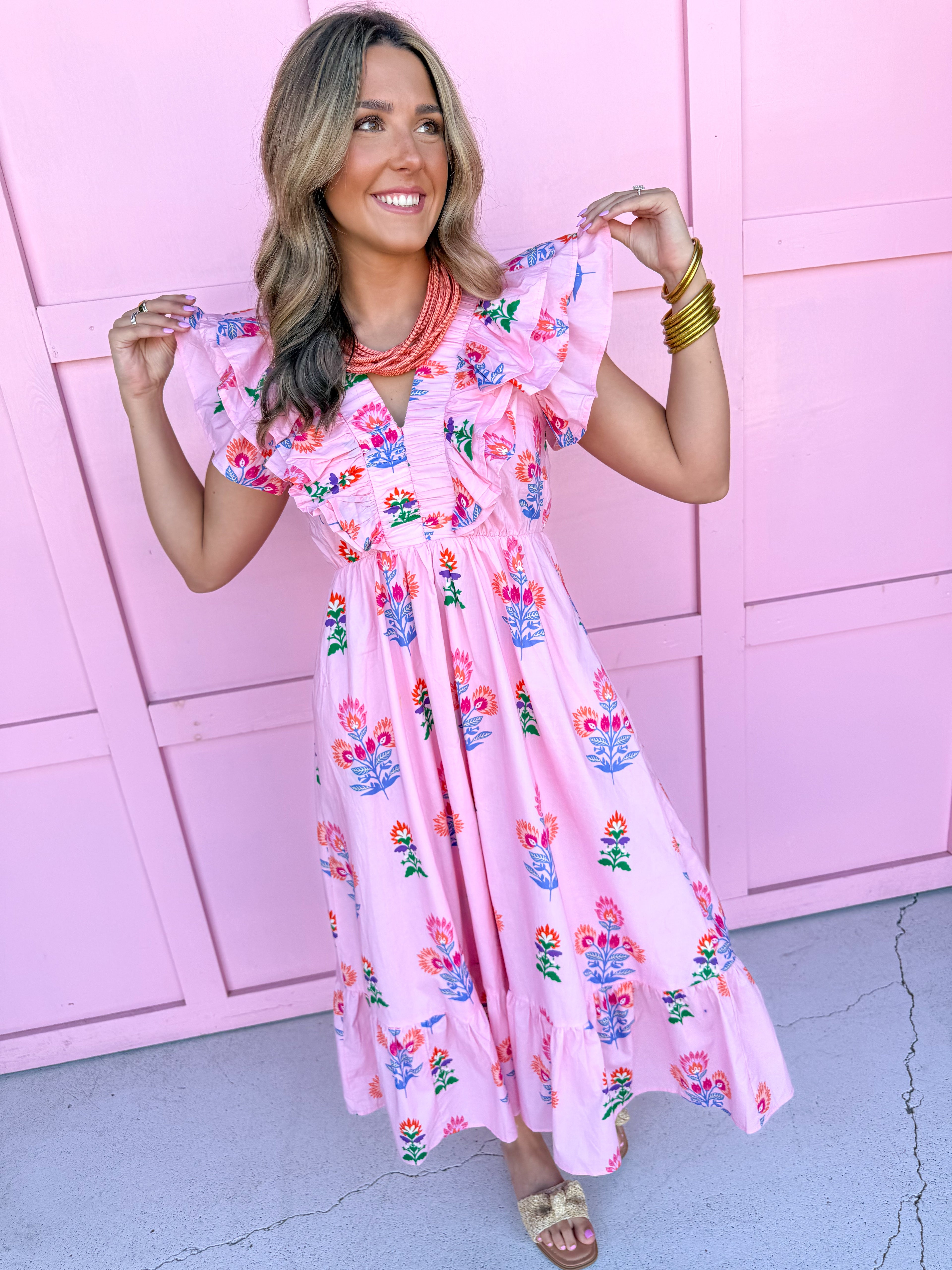 pink floral pattern vneck ruffle sleeves lined pockets womens boutique jincy's