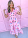 pink floral pattern vneck ruffle sleeves lined pockets womens boutique jincy's