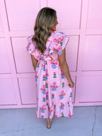pink floral pattern vneck ruffle sleeves lined pockets womens boutique jincy's