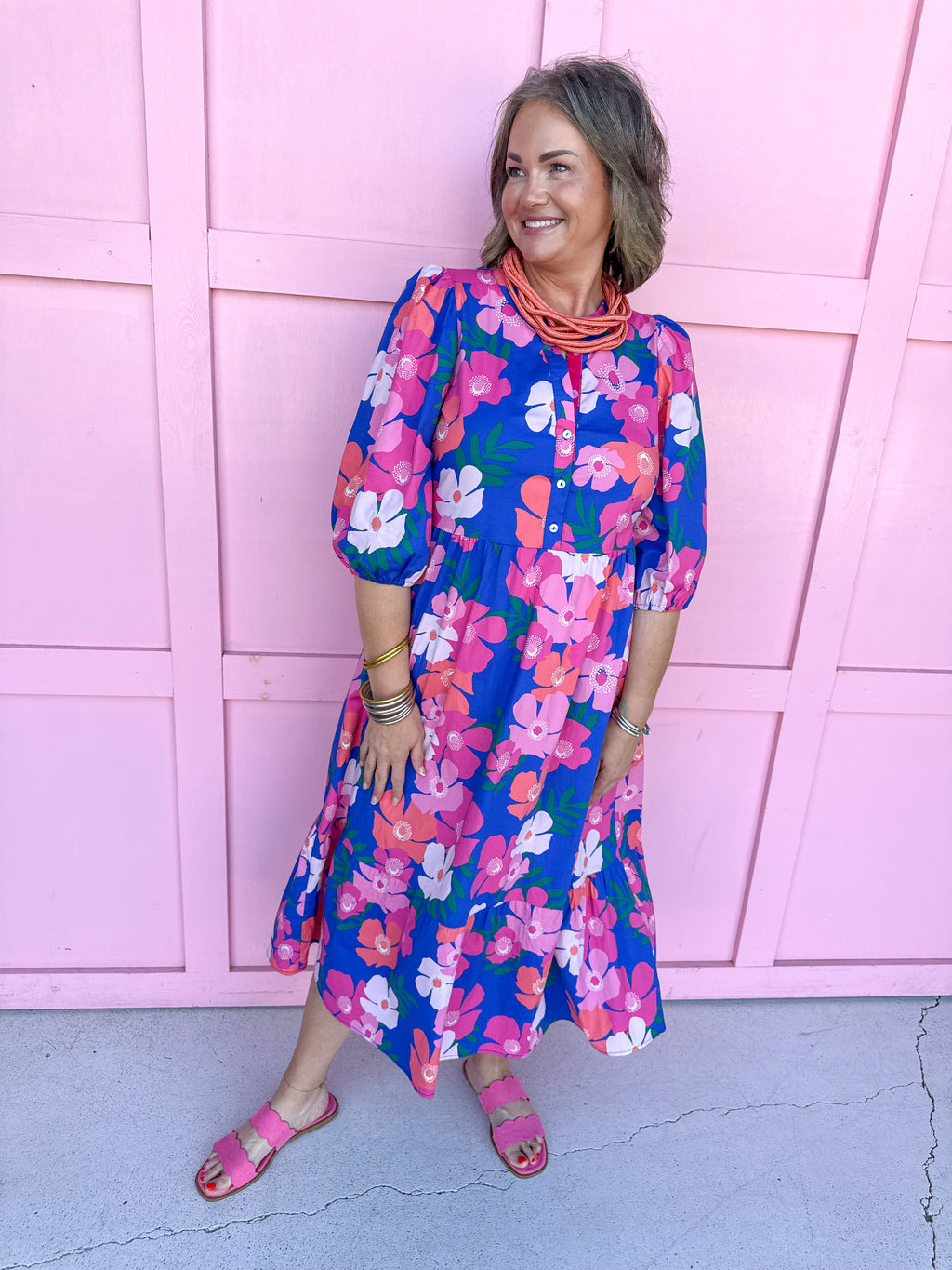 Mary Square Riley Dress Petal Pop Blue floral pinks maxi length elastic sleeves womens boutique