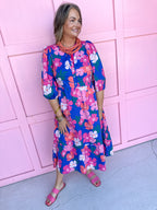 Mary Square Riley Dress Petal Pop Blue floral pinks maxi length elastic sleeves womens boutique