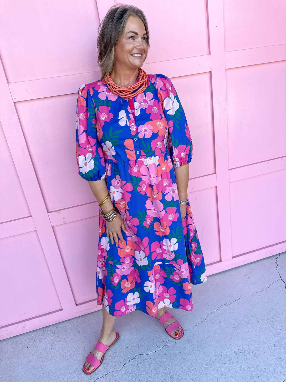 Mary Square Riley Dress Petal Pop Blue floral pinks maxi length elastic sleeves womens boutique