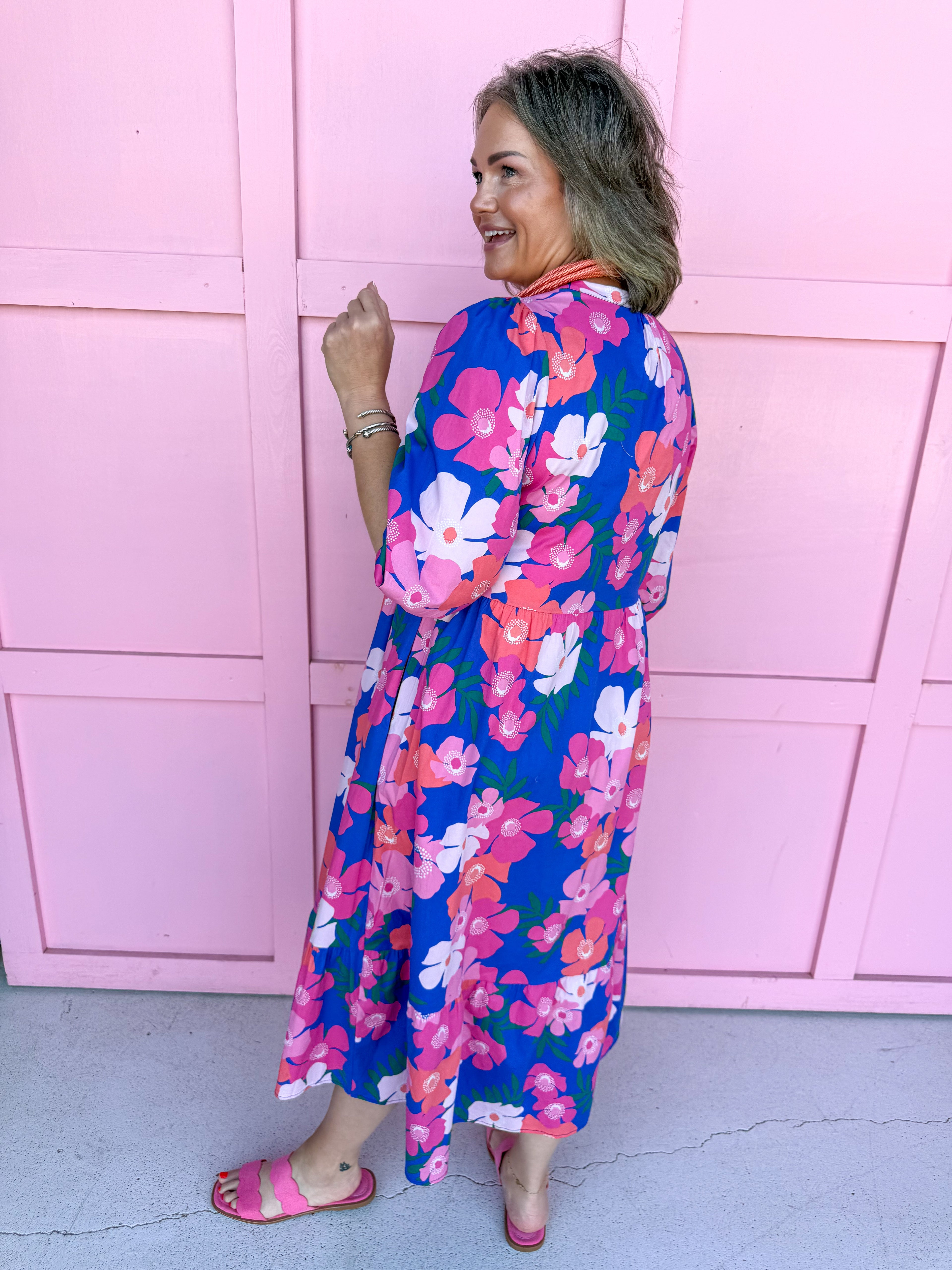 Mary Square Riley Dress Petal Pop Blue floral pinks maxi length elastic sleeves womens boutique