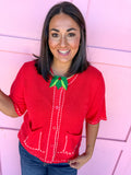 Buttoned & Stitched Top - Red