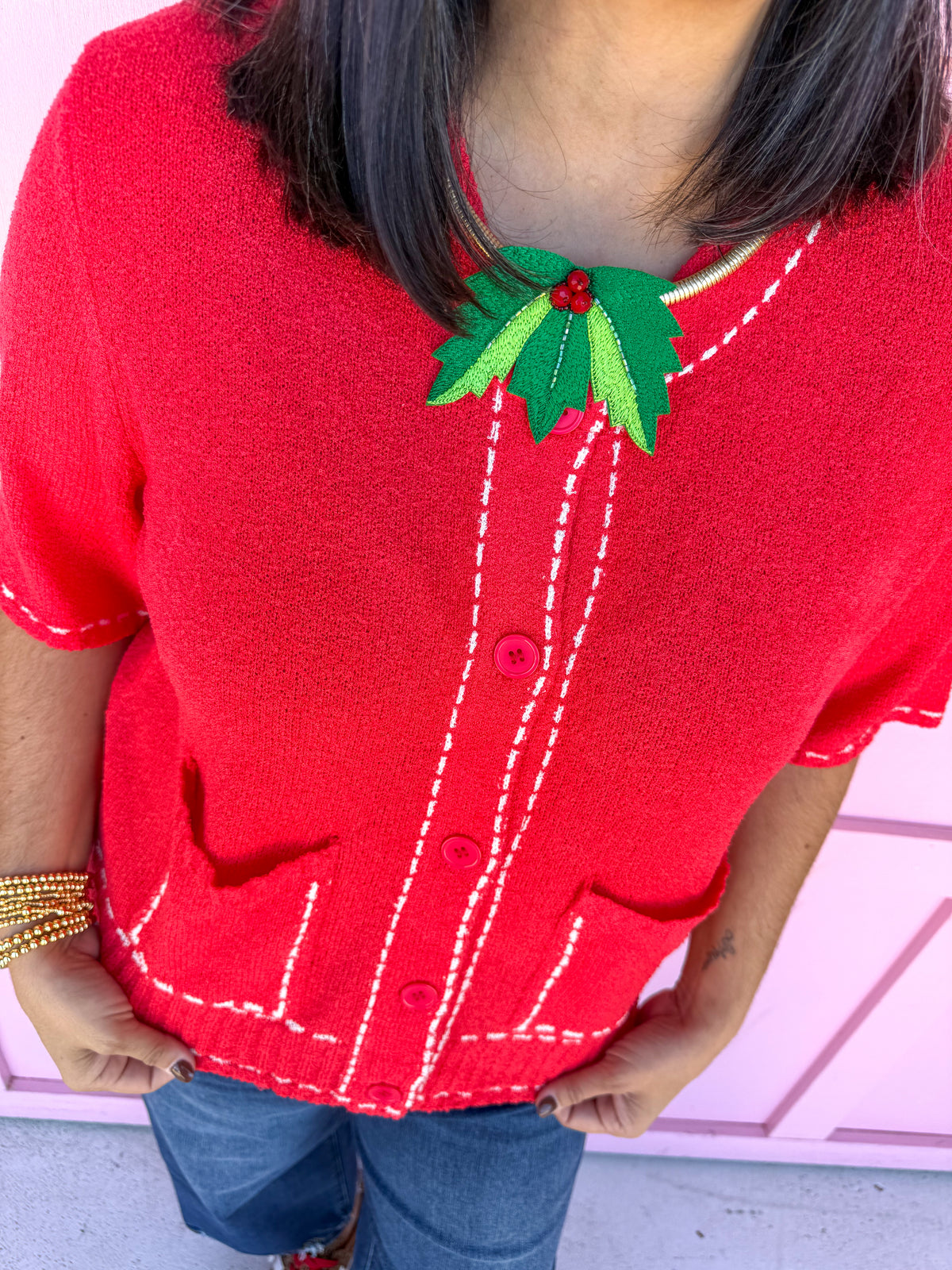 Buttoned & Stitched Top - Red