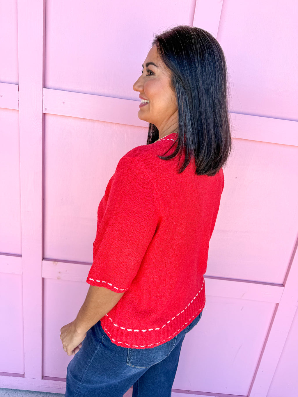 Buttoned & Stitched Top - Red