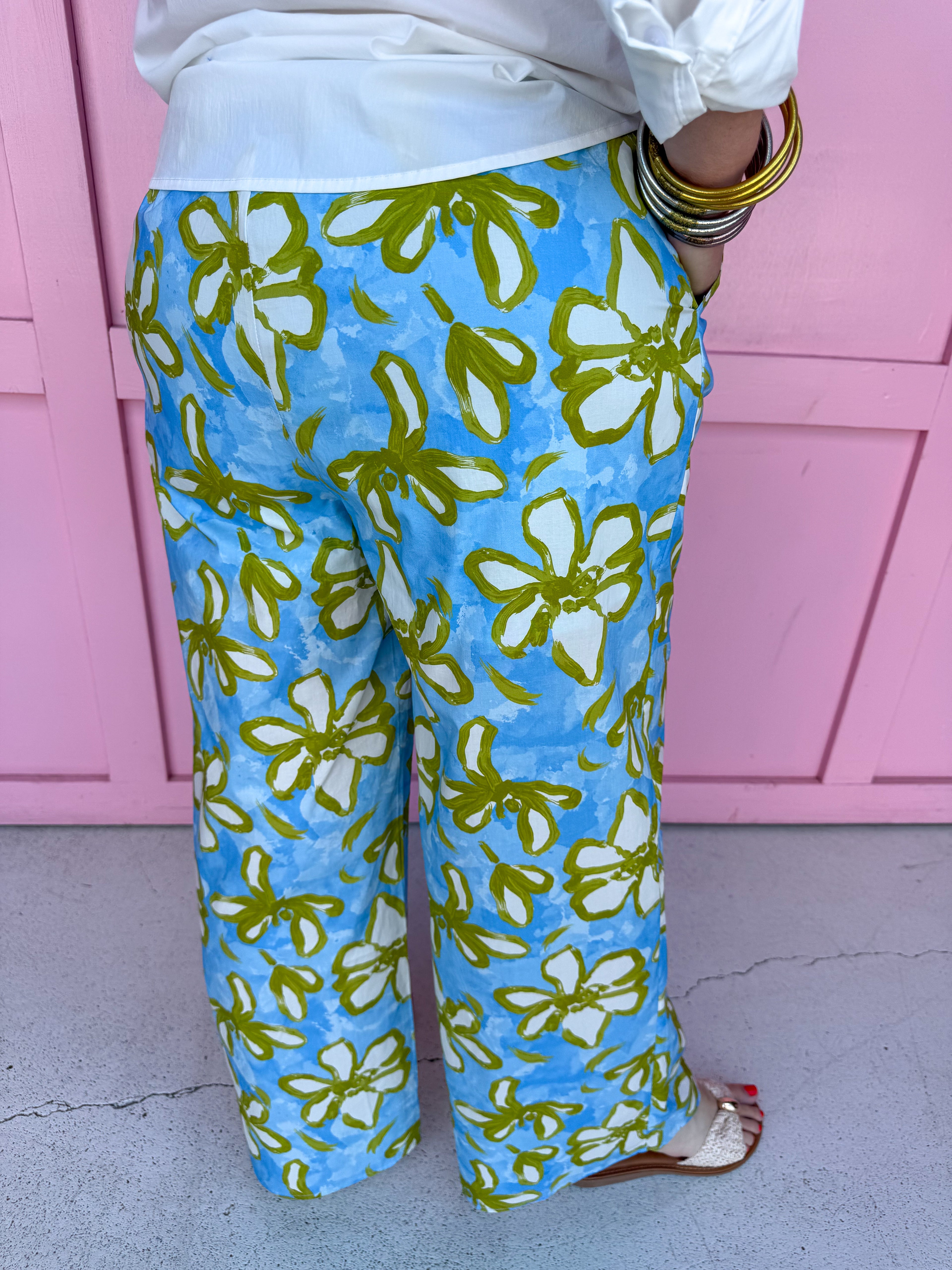 blue green white floral pattern elastic waistband pockets lightweight womens boutique jincy's 