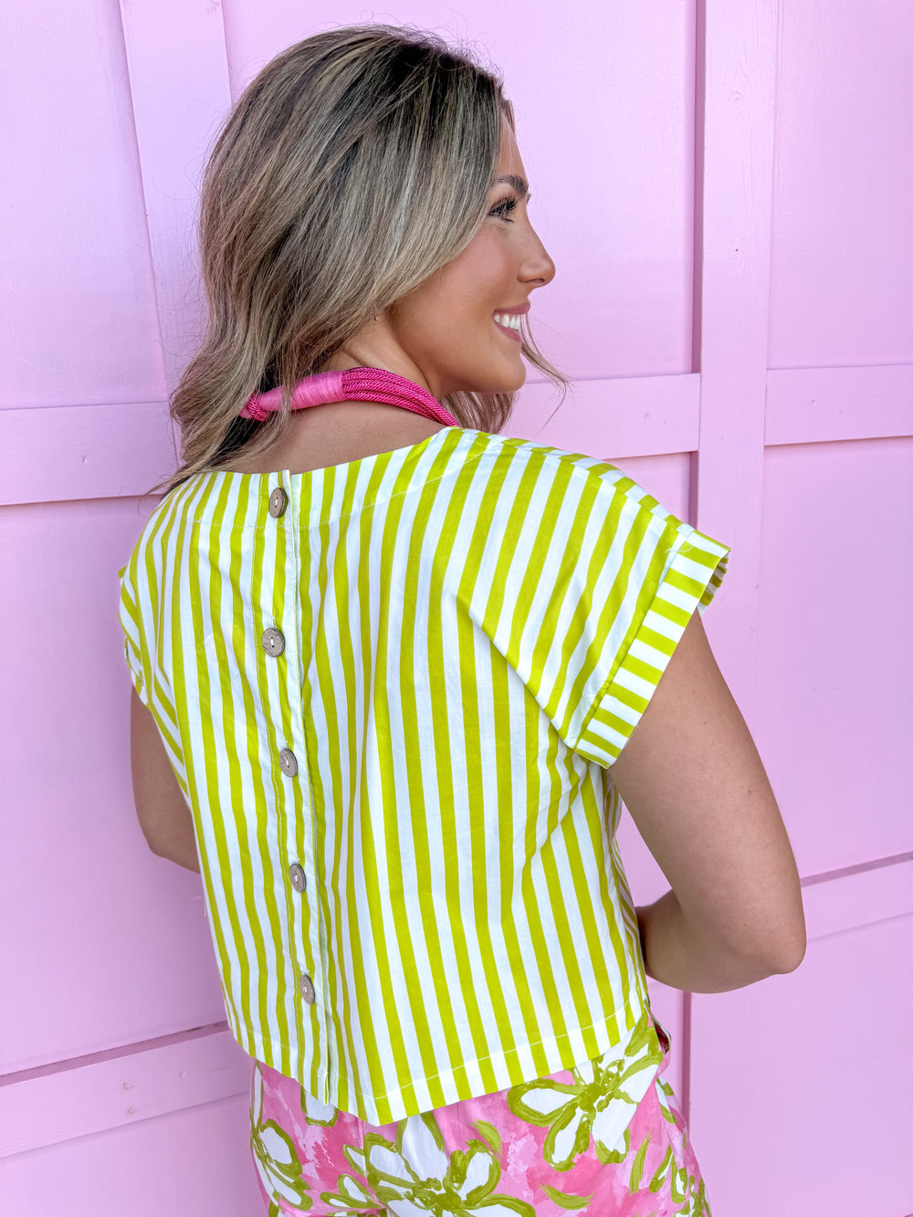 lime white striped shirt buttons in back short sleeves lightweight womens boutique jincy's