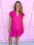 mini collar vneck short sleeves tiered fuchsia lined summer womens boutique jincy's 