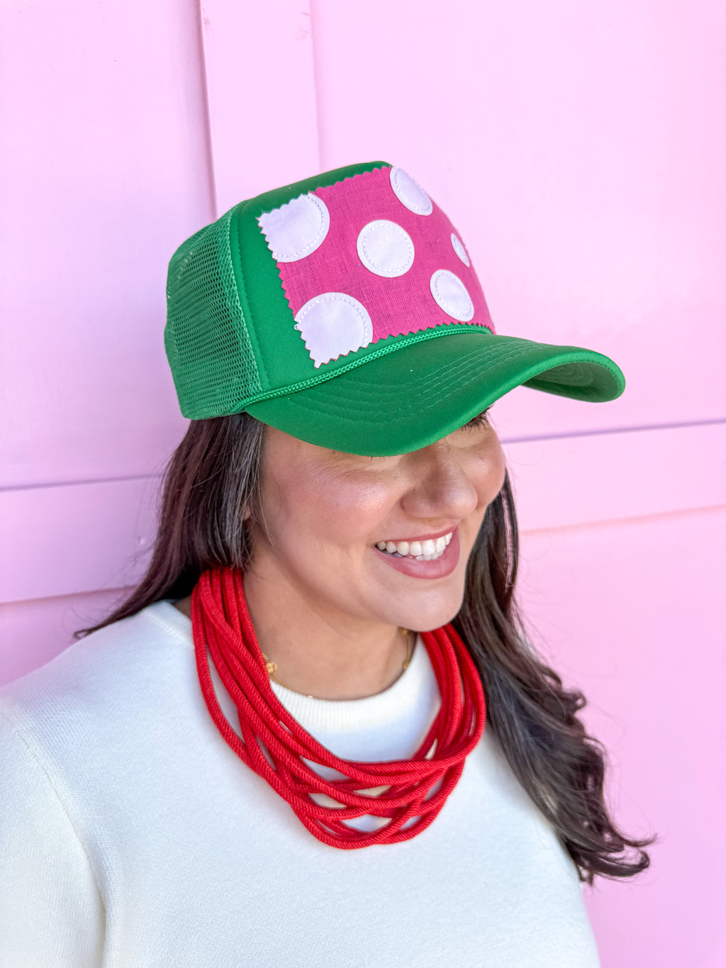 Tucker's Trucker hat womens boutique green pink white polka dots jincy's