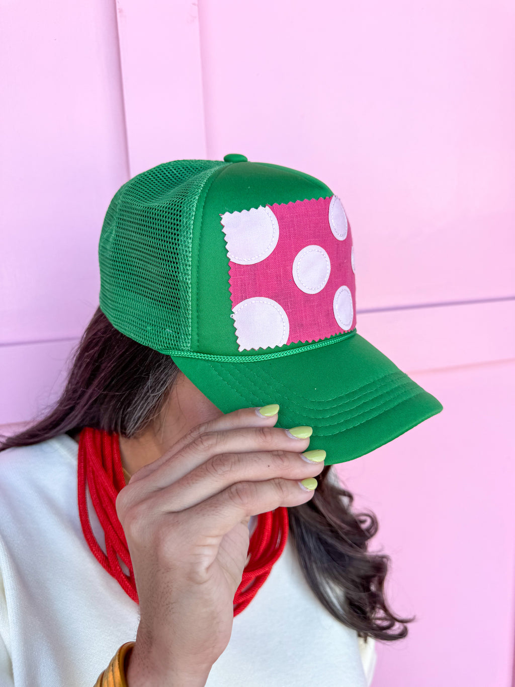 Tucker's Trucker hat womens boutique green pink white polka dots jincy's
