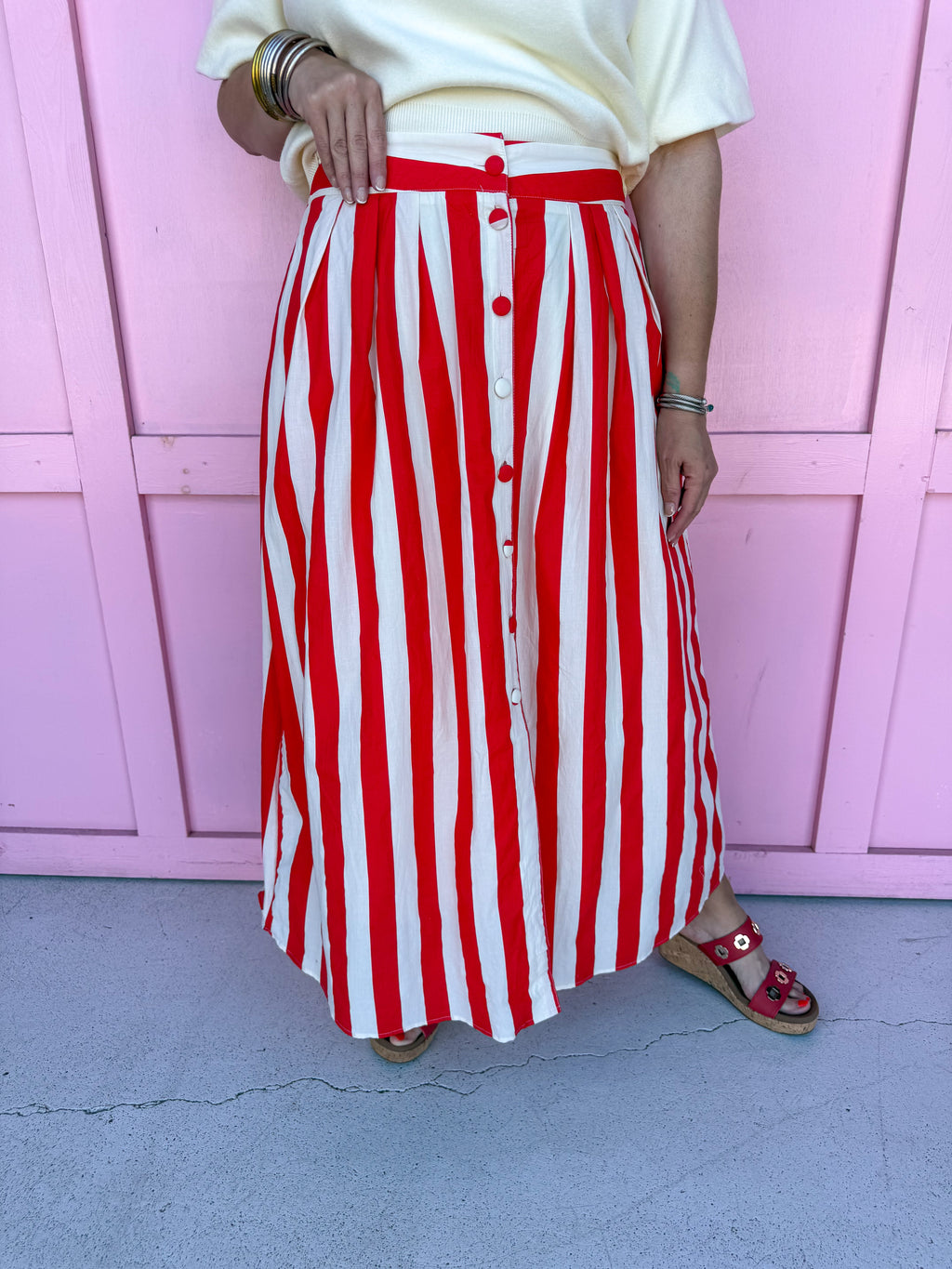 striped skirt red white button fully lined pockets womens boutique jincy's