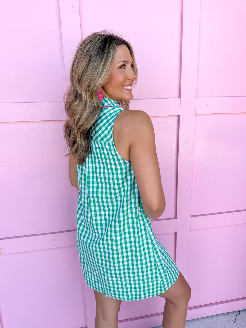green gingham pink trim sleeveless lined collared vneck mini length womens boutique jincy's