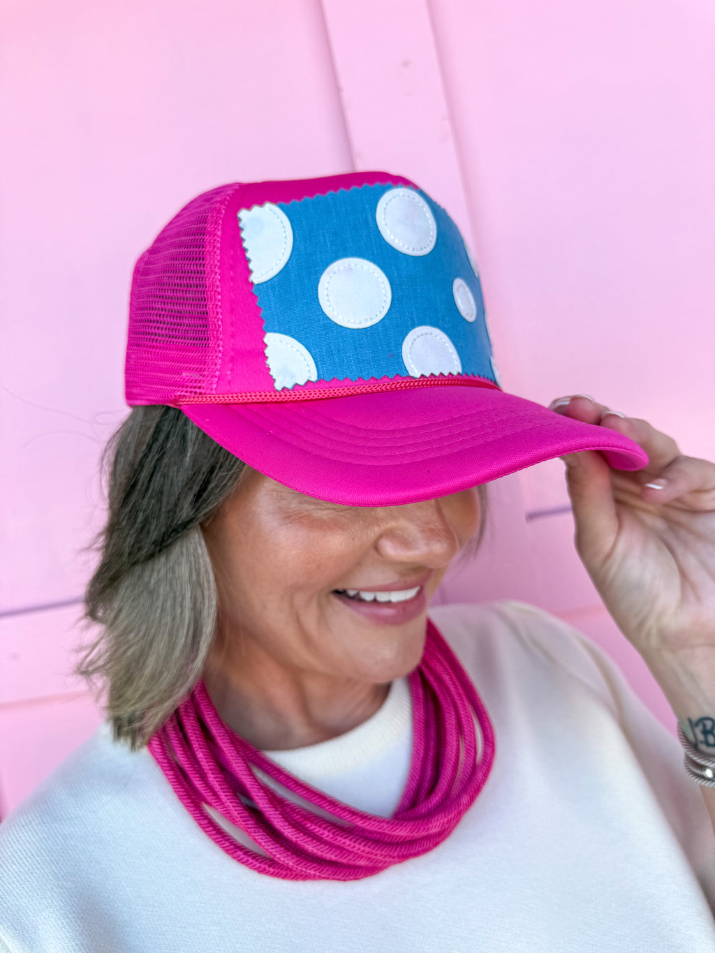 Tucker's Trucker hat womens boutique pink blue white polka dots jincy's