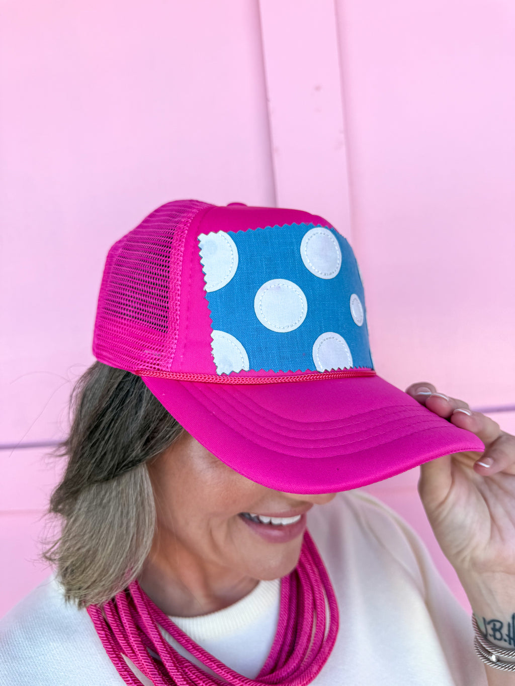 Tucker's Trucker hat womens boutique pink blue white polka dots jincy's