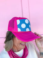 Tucker's Trucker hat womens boutique pink blue white polka dots jincy's
