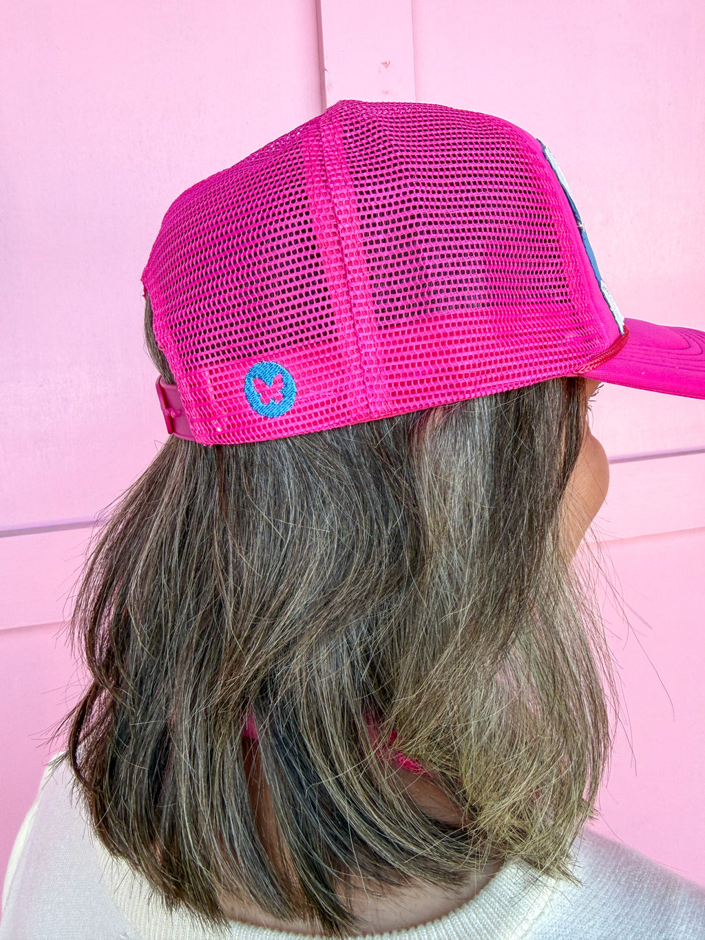 Tucker's Trucker hat womens boutique pink blue white polka dots jincy's