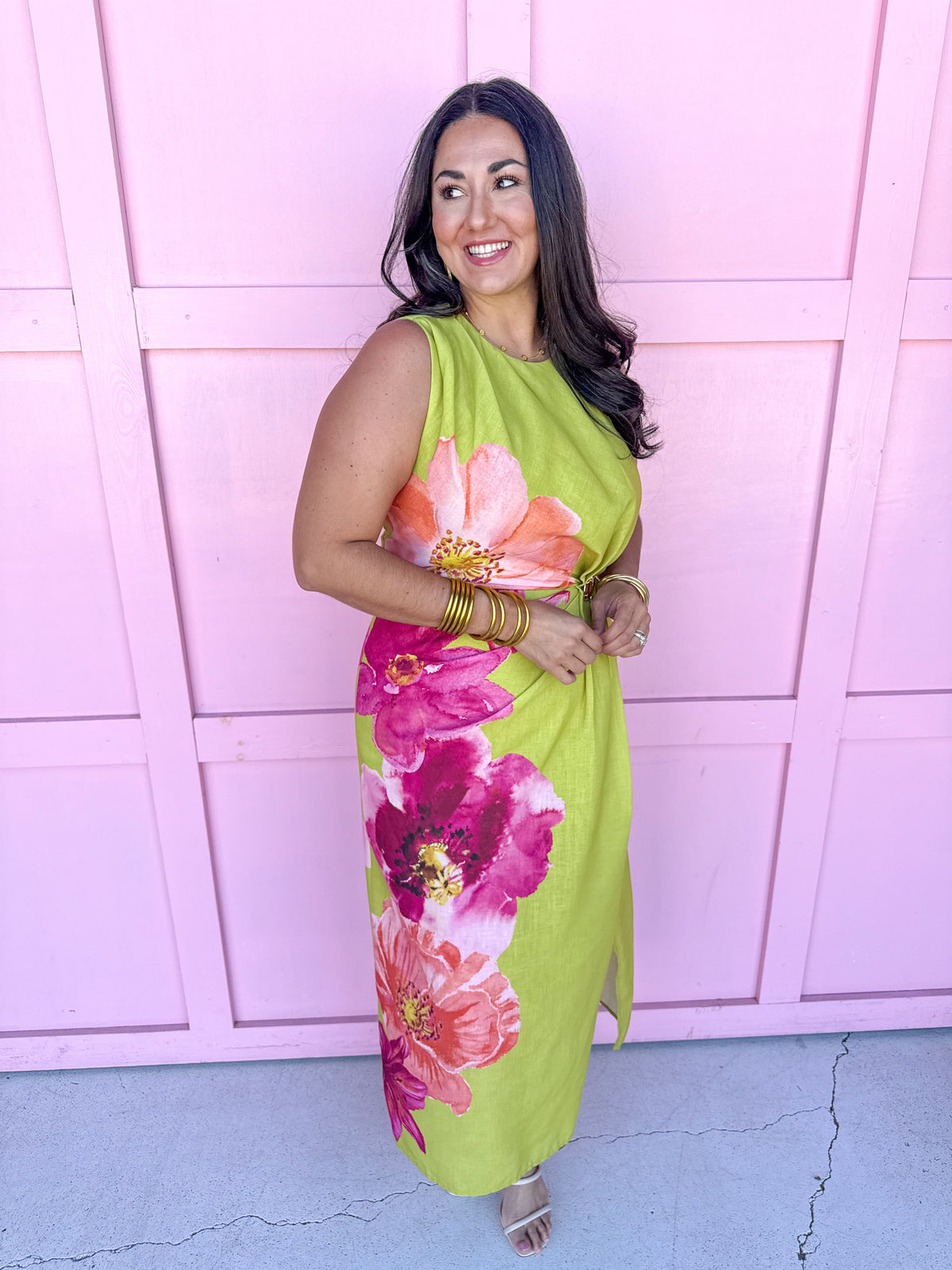 Jincy's Women's Boutique Electric Blooms Dress Pink & Orange Floral Chartreuse Dress 