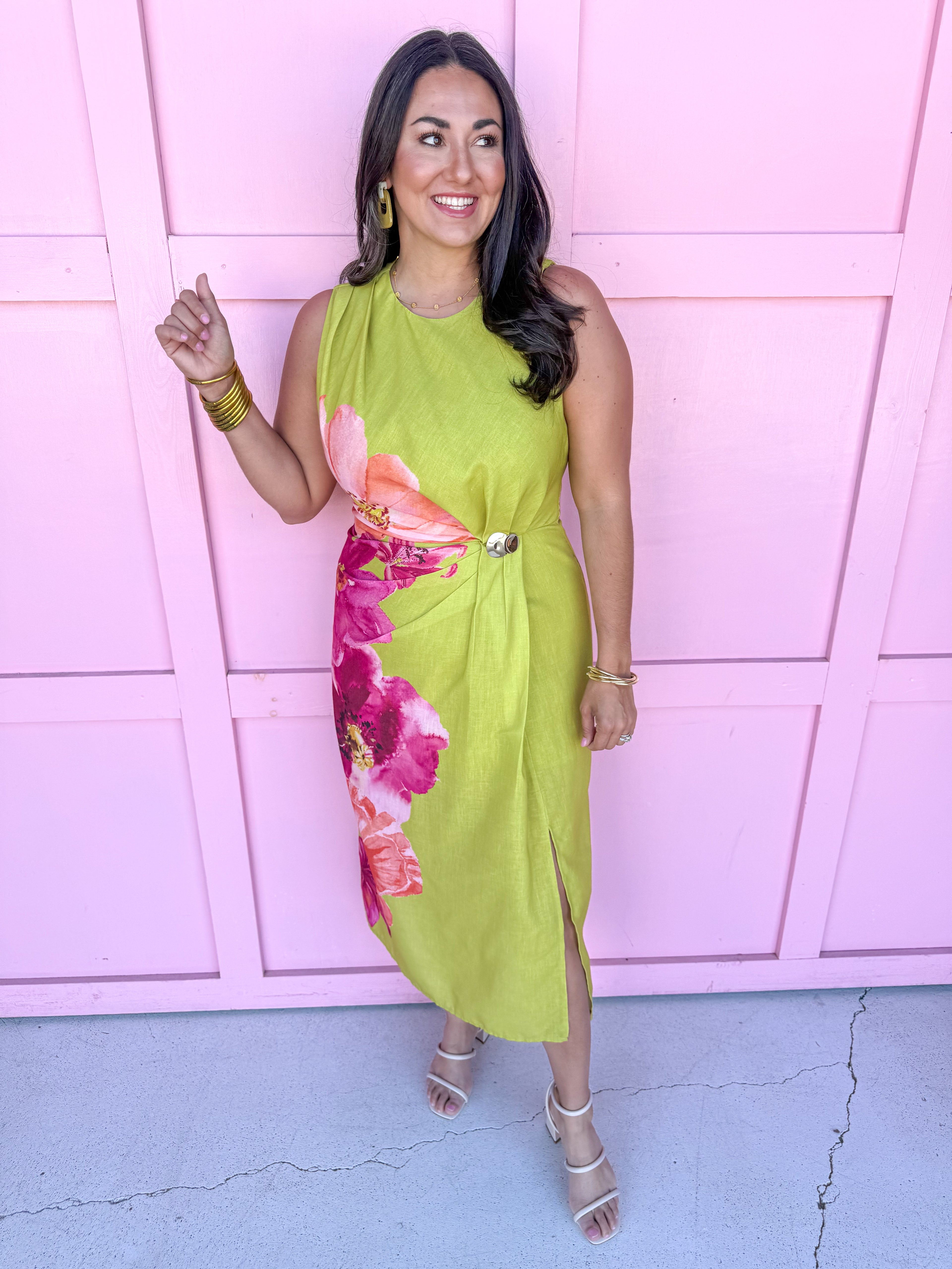 Jincy's Women's Boutique Electric Blooms Dress Pink & Orange Floral Chartreuse Dress 