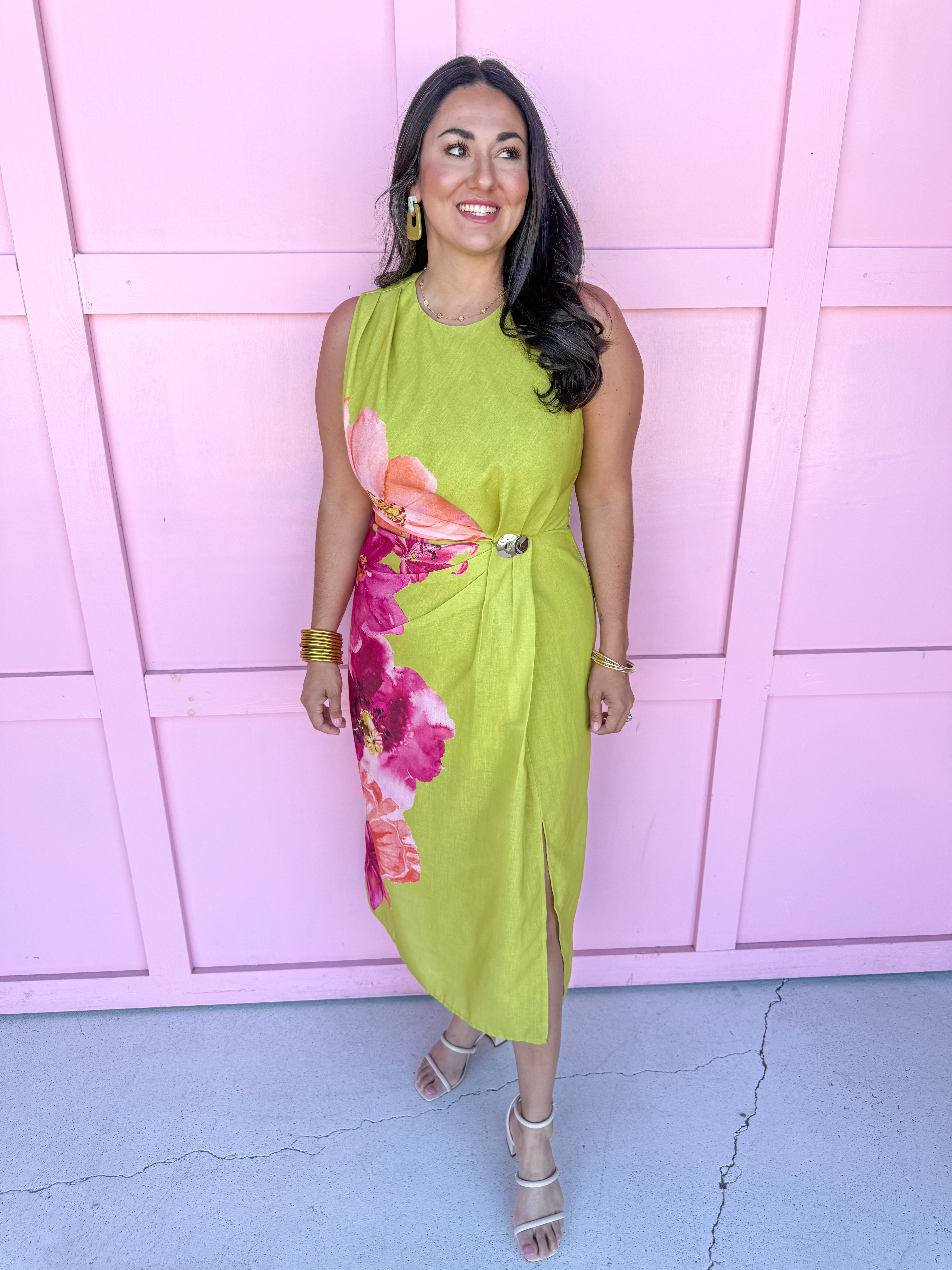 Jincy's Women's Boutique Electric Blooms Dress Pink & Orange Floral Chartreuse Dress 