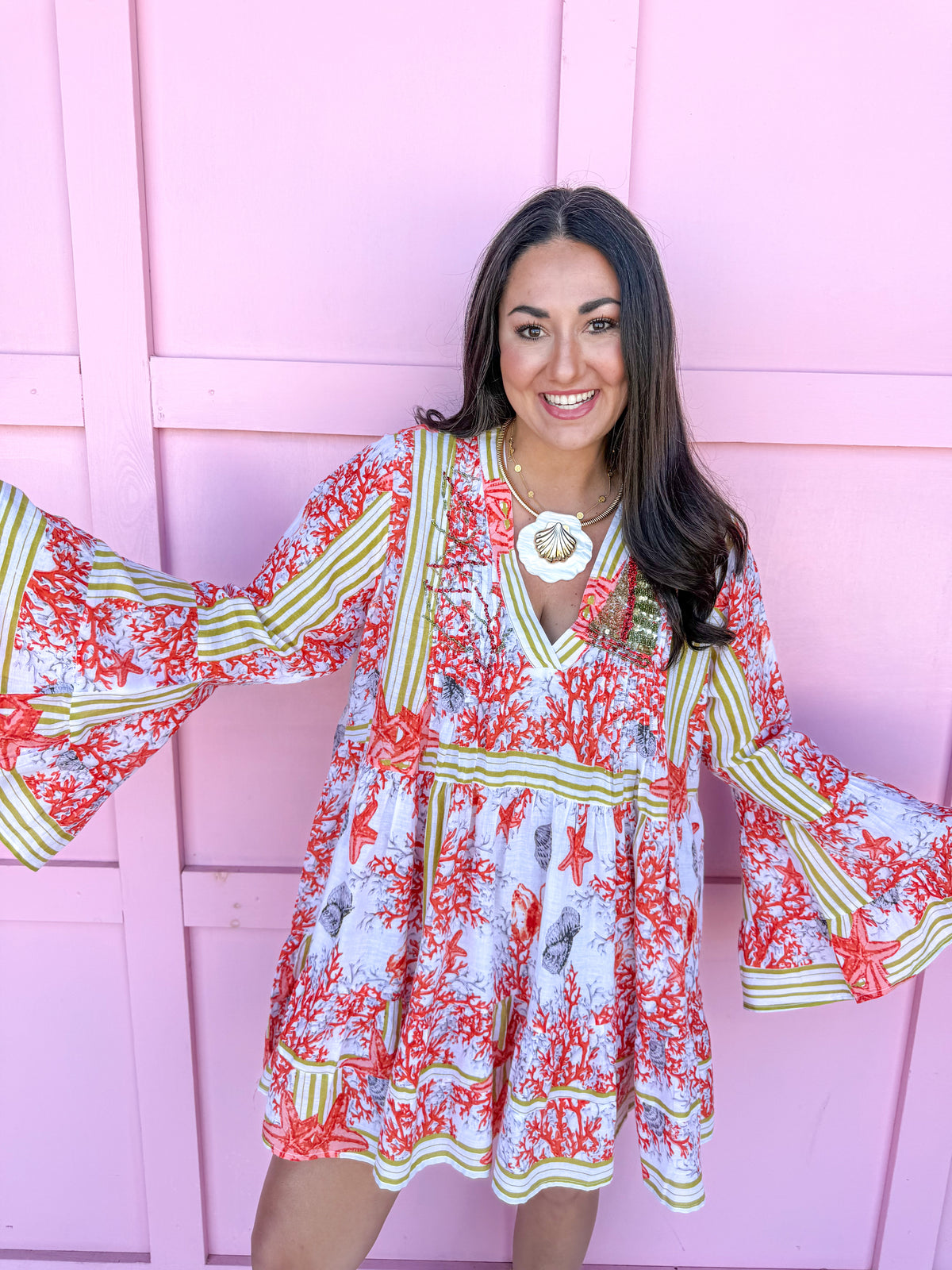 Coral Craze Beaded Coverup Dress