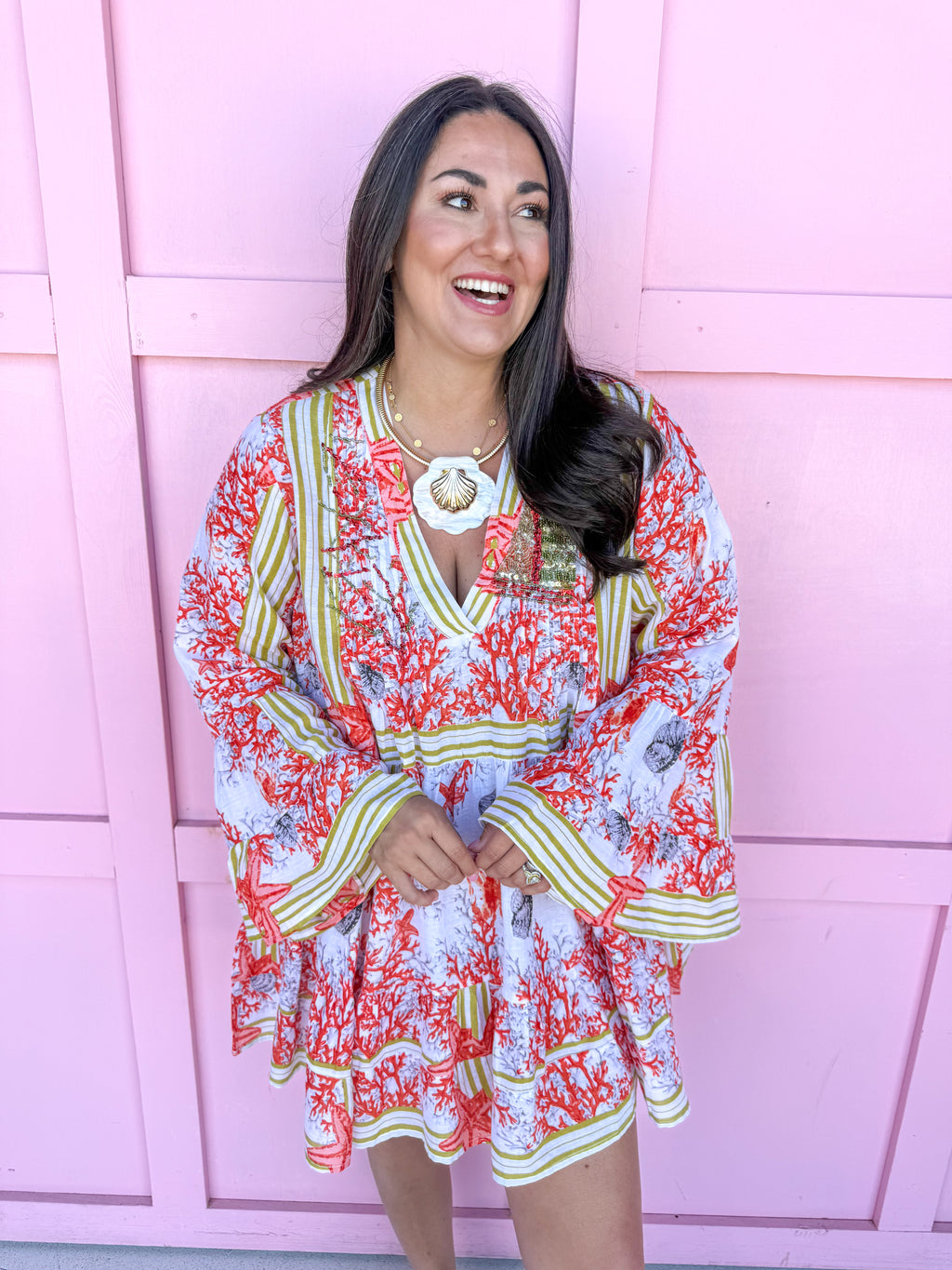 Coral Craze Beaded Coverup Dress