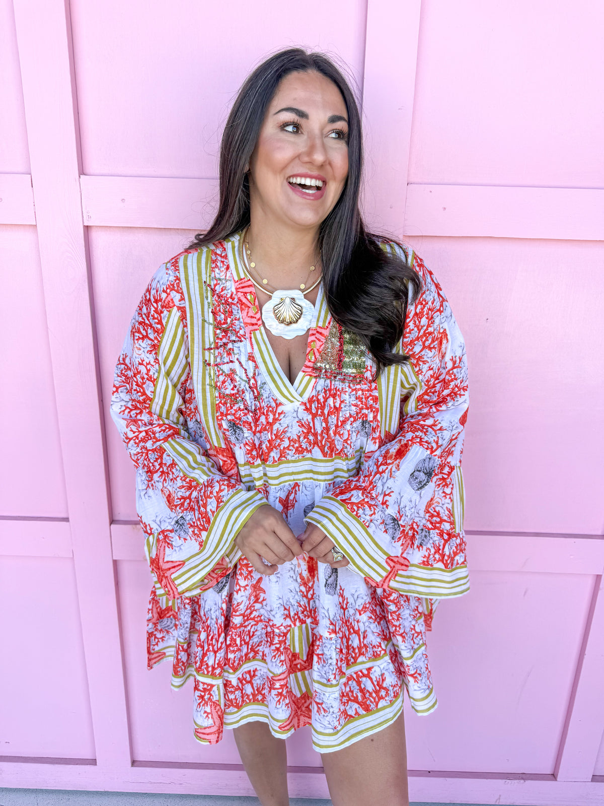 Coral Craze Beaded Coverup Dress