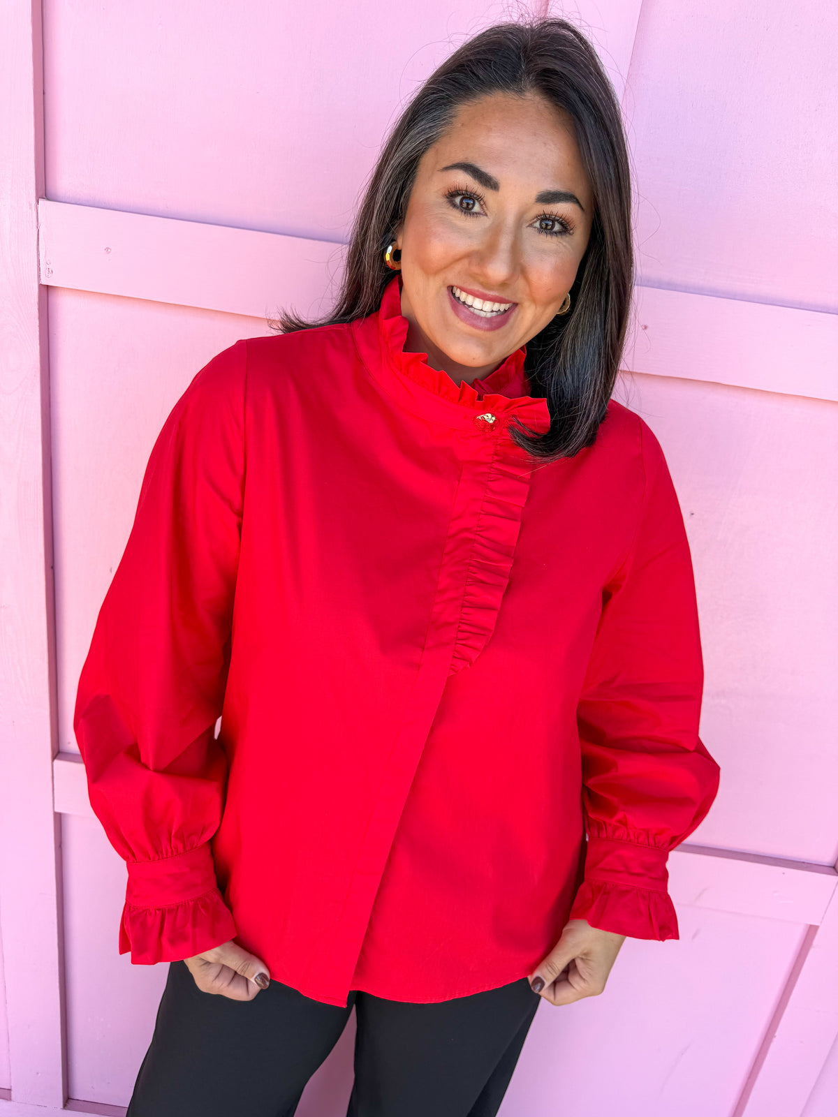 Poplin Ruffle Neck Blouse - Red