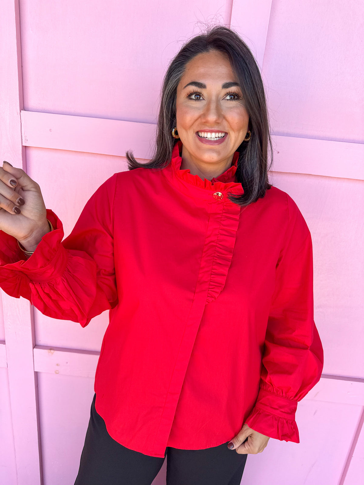 Poplin Ruffle Neck Blouse - Red