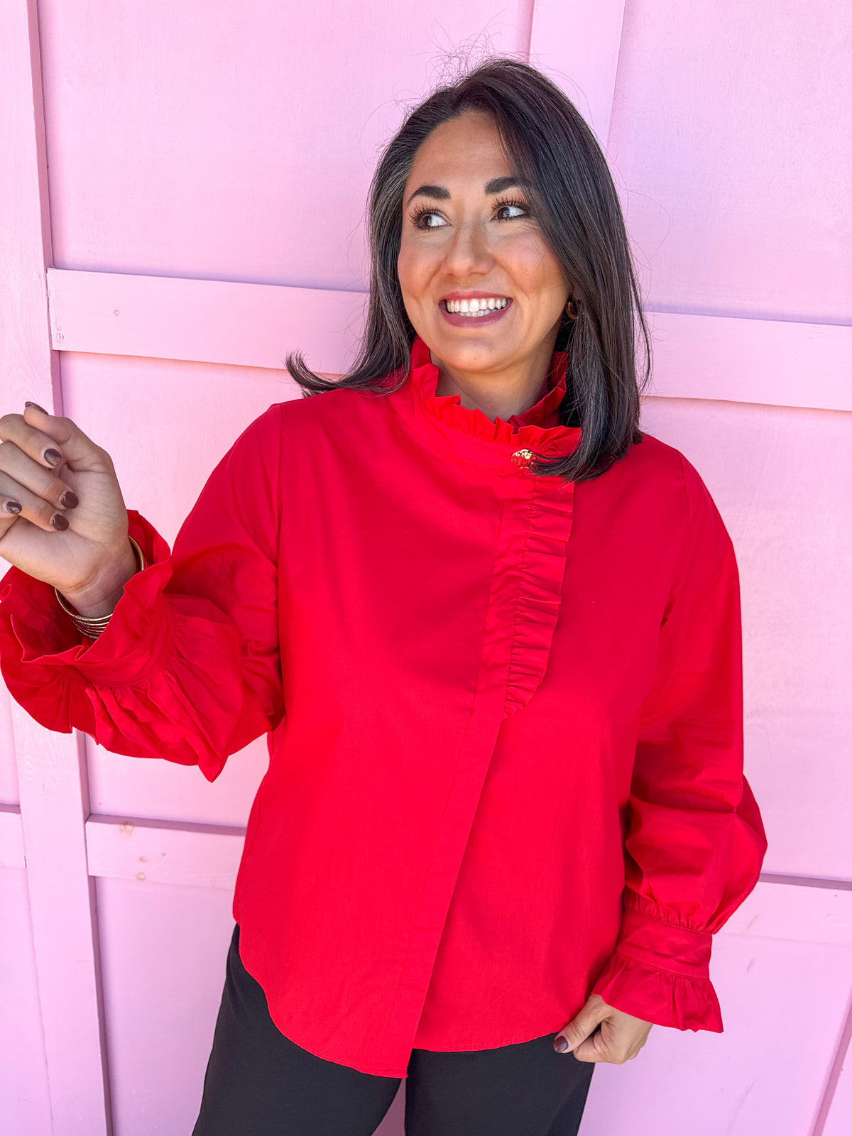 Poplin Ruffle Neck Blouse - Red
