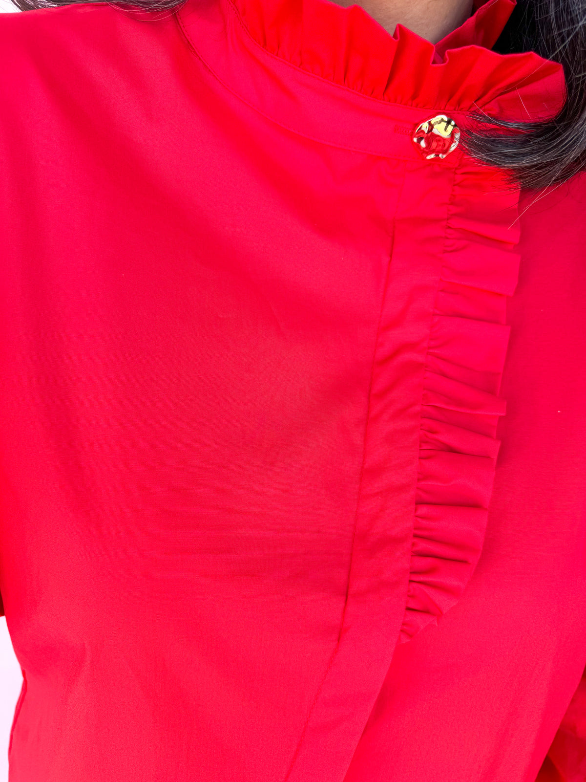 Poplin Ruffle Neck Blouse - Red