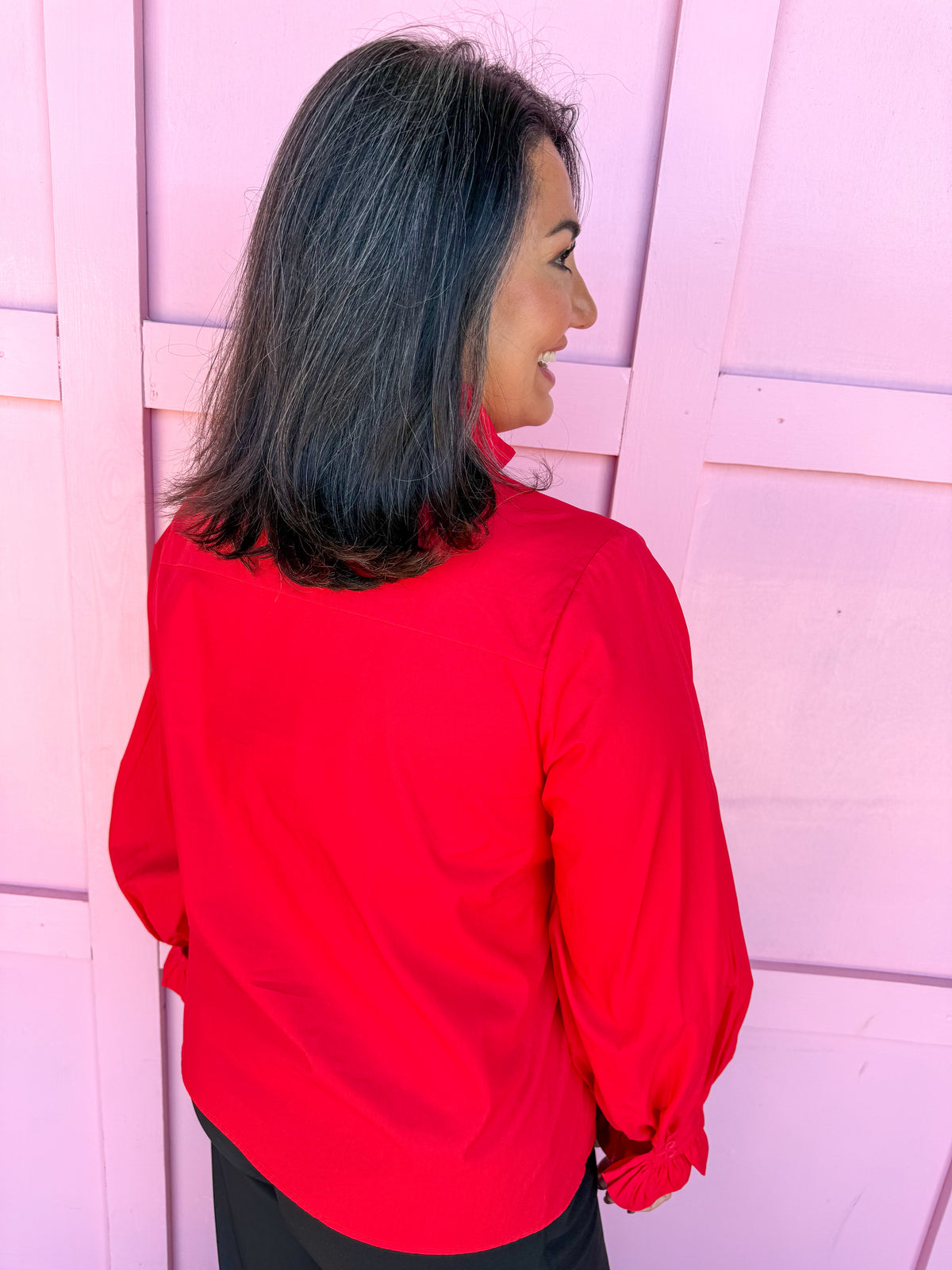 Poplin Ruffle Neck Blouse - Red