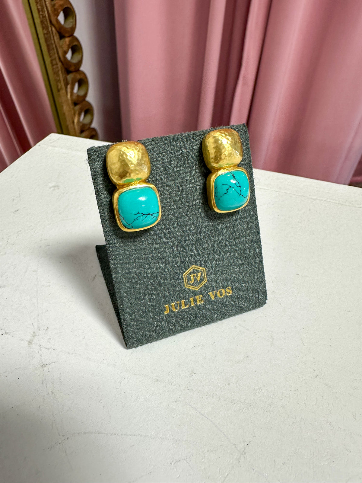 Julie Vos Catalina Earring Turquoise Blue Hammered Gold Vein Turquoise Post Back Lightweight Statement Earring Women's Jewelry Accessory Gift Jincy's