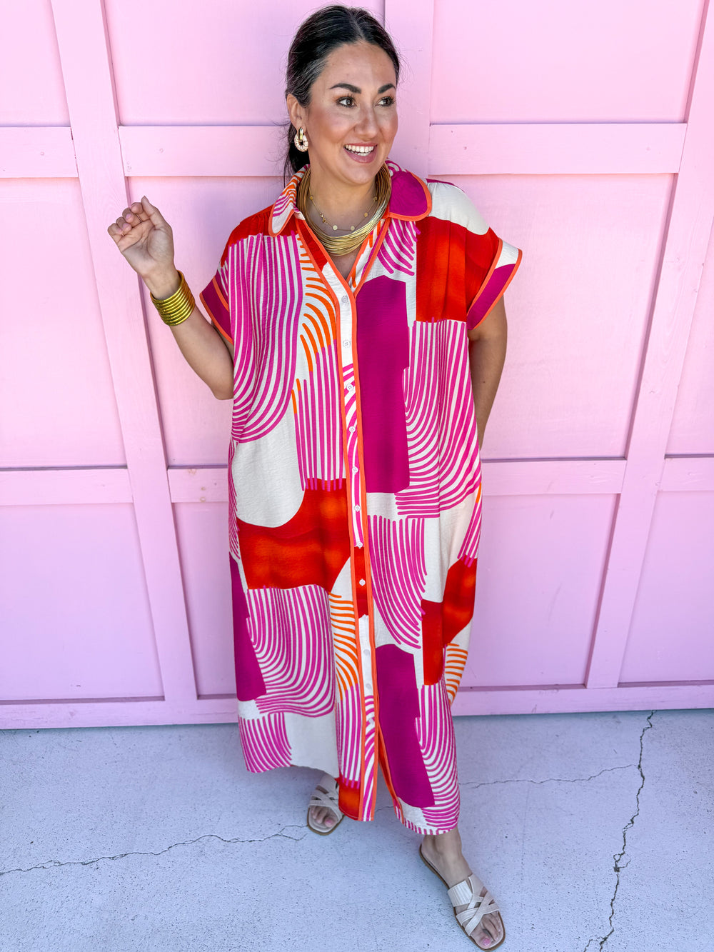 Jincy's Women's Boutique Weekend Favorite Midi Maxi Dress Geometric Punchy Print Red Pink Orange