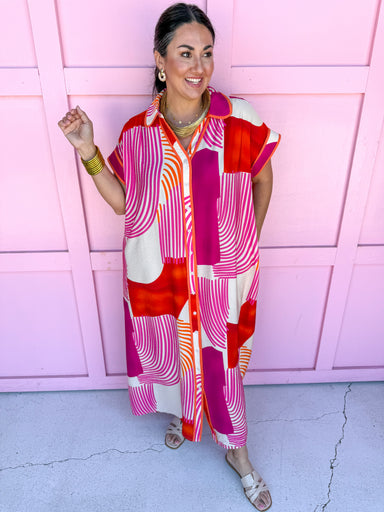 Jincy's Women's Boutique Weekend Favorite Midi Maxi Dress Geometric Punchy Print Red Pink Orange