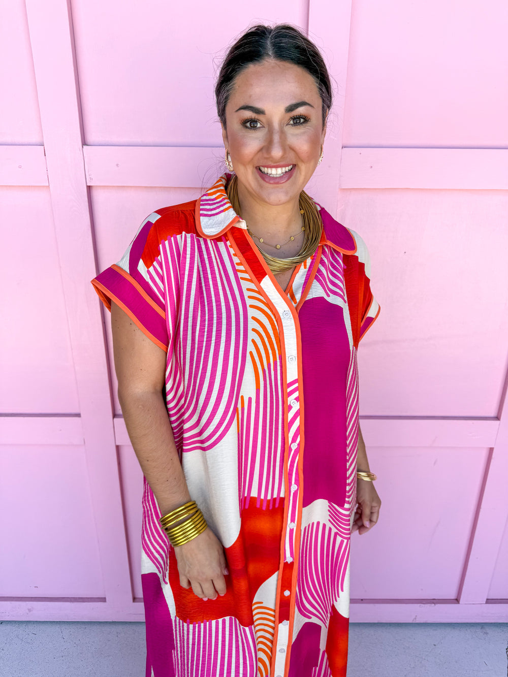 Jincy's Women's Boutique Weekend Favorite Midi Maxi Dress Geometric Punchy Print Red Pink Orange