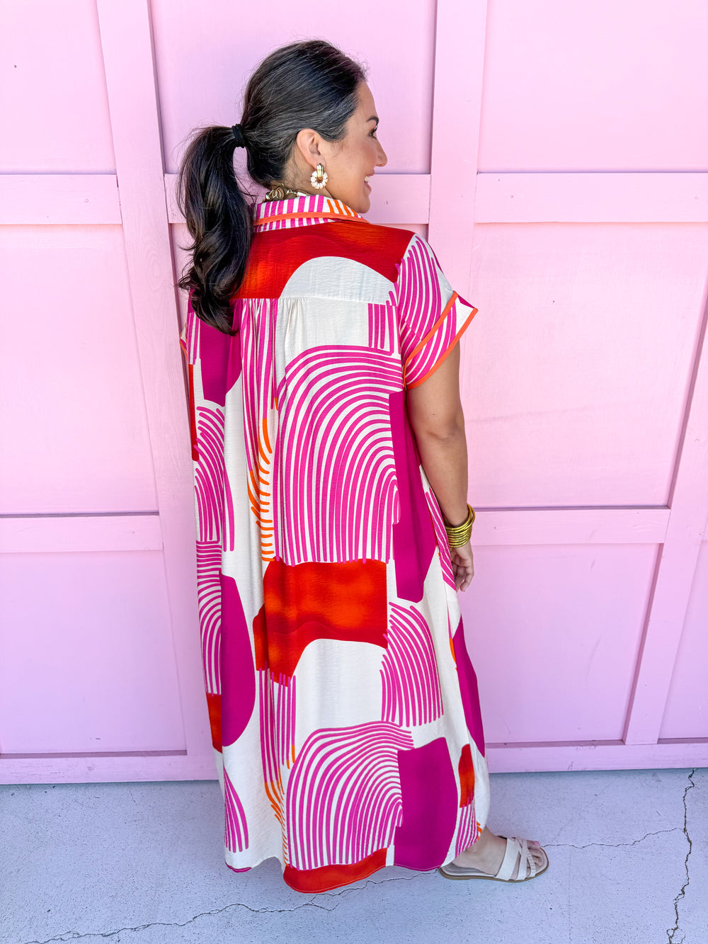 Jincy's Women's Boutique Weekend Favorite Midi Maxi Dress Geometric Punchy Print Red Pink Orange