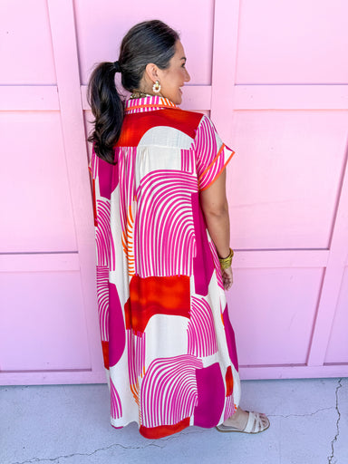 Jincy's Women's Boutique Weekend Favorite Midi Maxi Dress Geometric Punchy Print Red Pink Orange