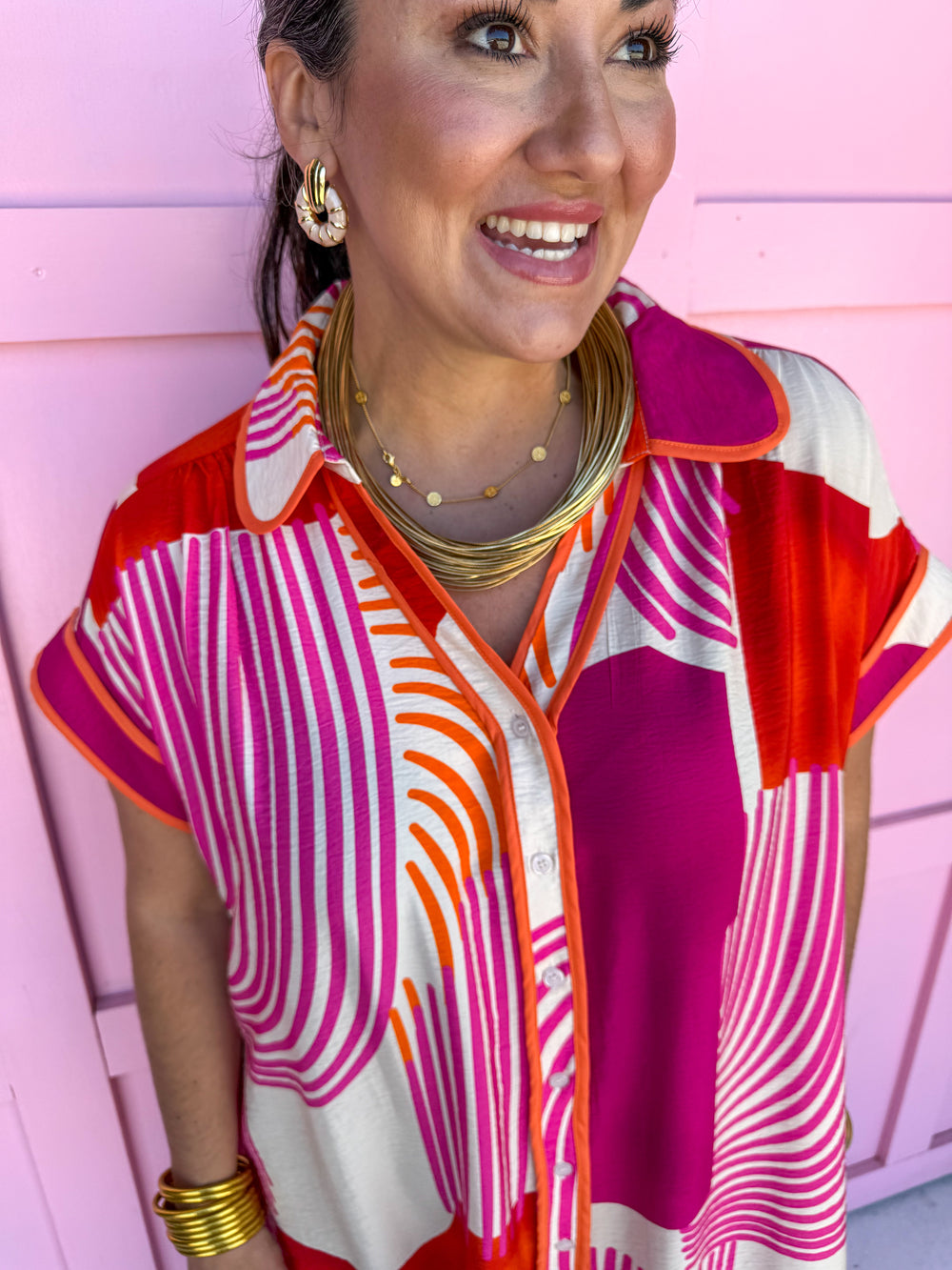 Jincy's Women's Boutique Weekend Favorite Midi Maxi Dress Geometric Punchy Print Red Pink Orange