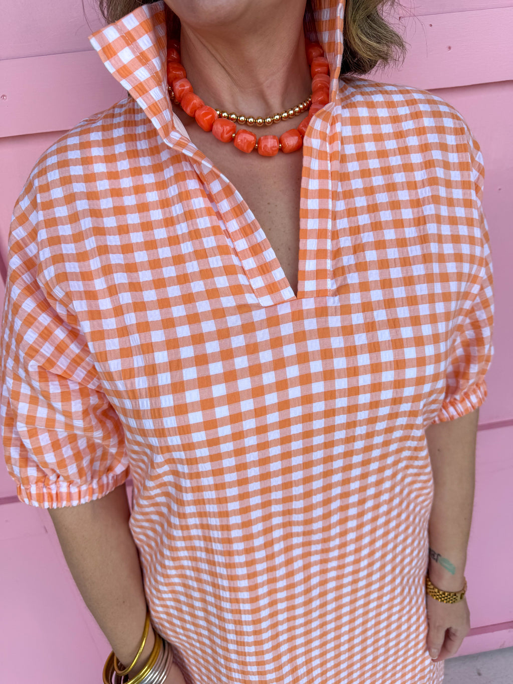 ADRIENNE | Blakely Dress - Orangesicle Seer Gingham