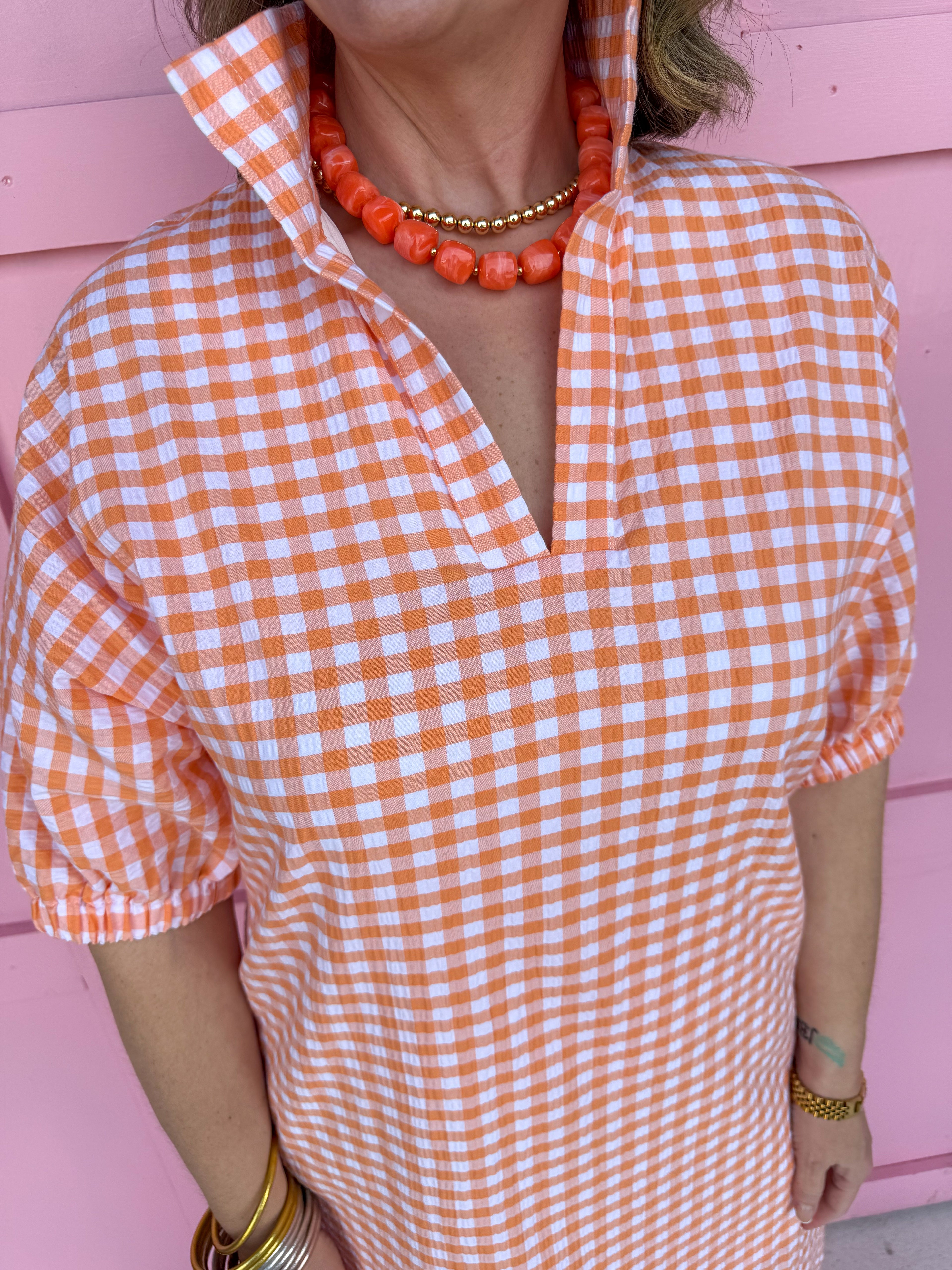 ADRIENNE | Blakely Dress - Orangesicle Seer Gingham