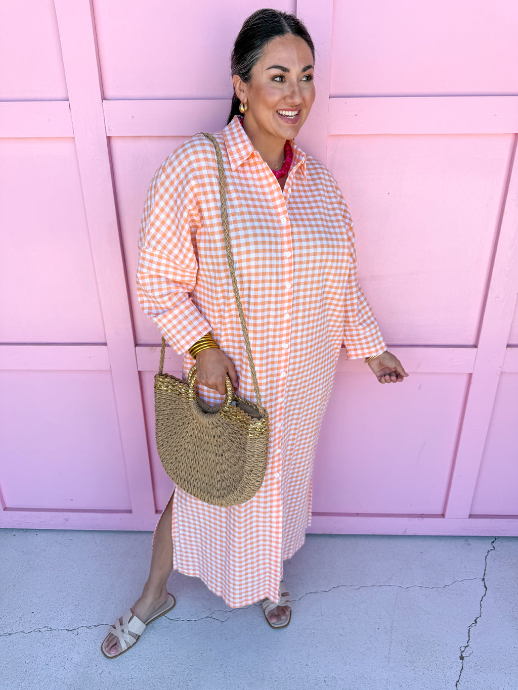 Jincy's Women's Boutique Adrienne Regan Midi Maxi Dress Orange Seer Gingham