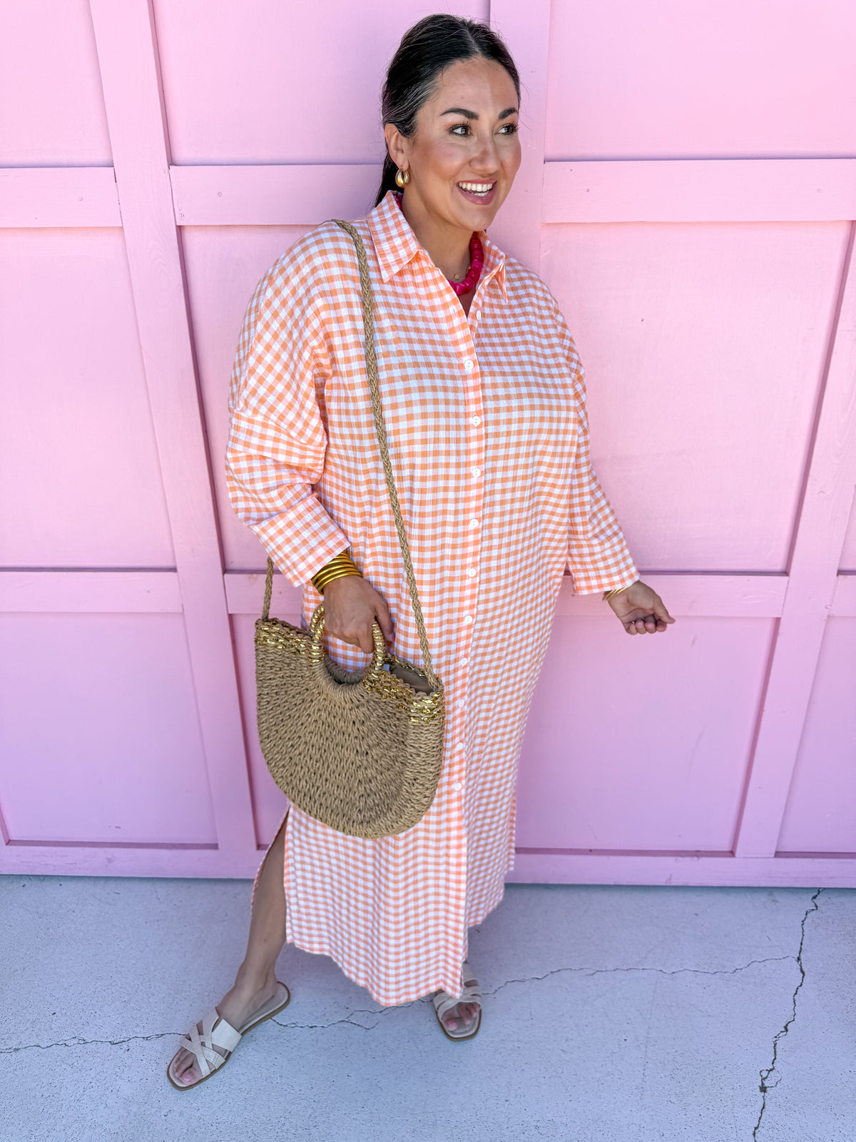 Jincy's Women's Boutique Adrienne Regan Midi Maxi Dress Orange Seer Gingham