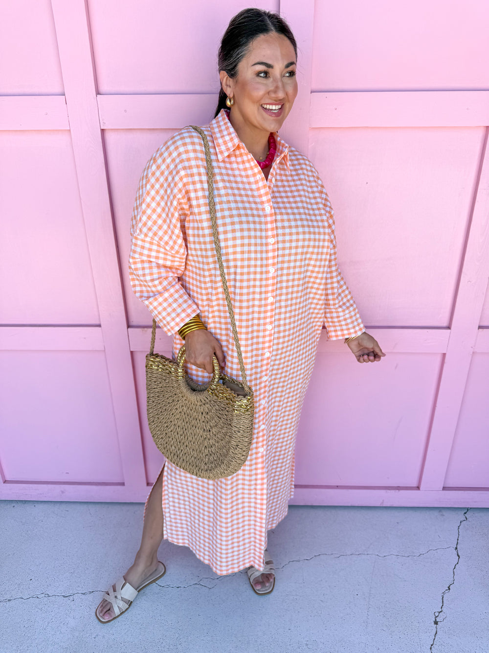 Jincy's Women's Boutique Adrienne Regan Midi Maxi Dress Orange Seer Gingham