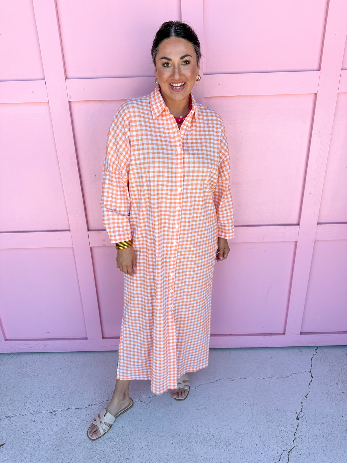Jincy's Women's Boutique Adrienne Regan Midi Maxi Dress Orange Seer Gingham