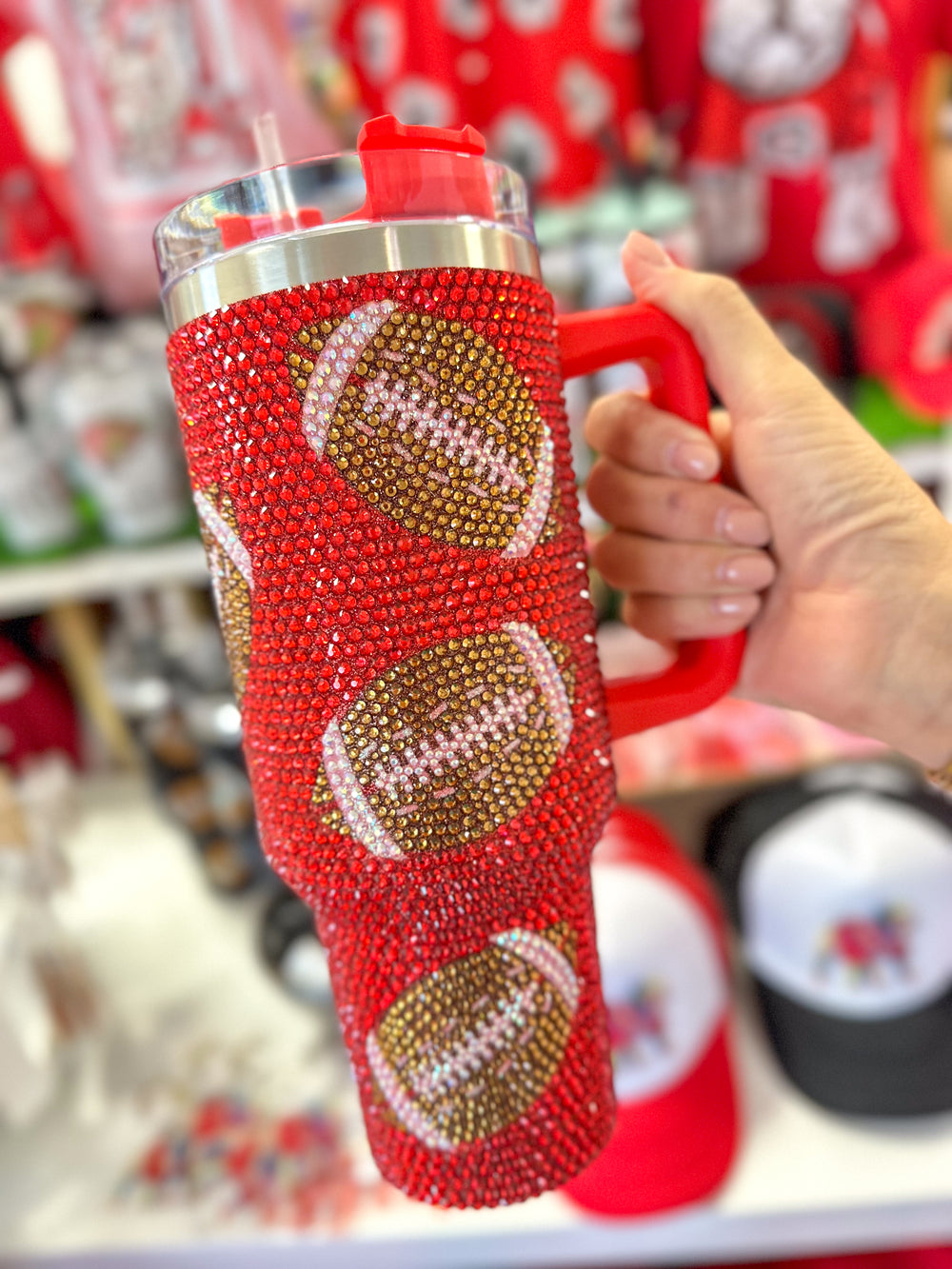 QUEEN OF SPARKLES | Red Rhinestone Football Tumbler