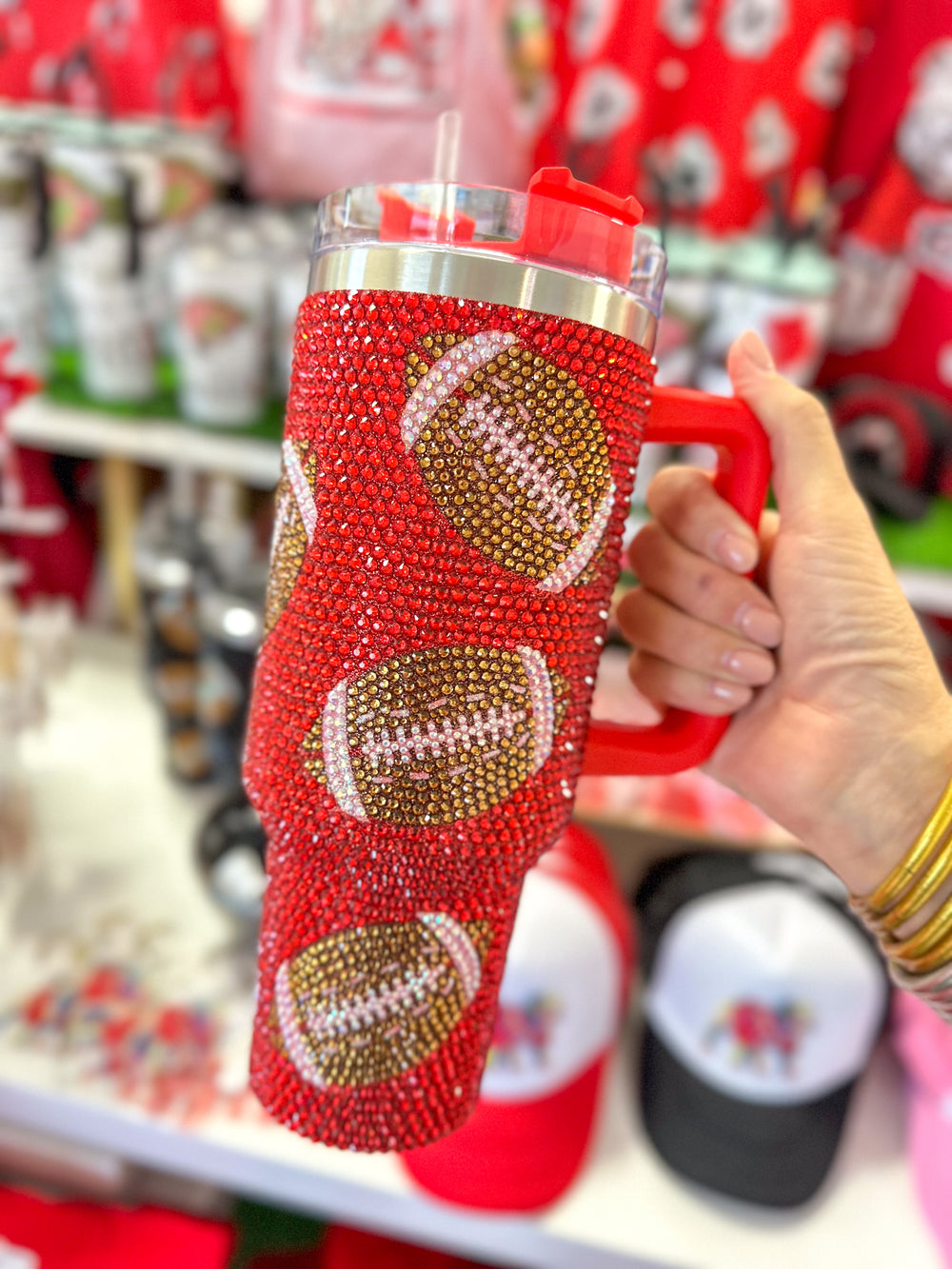 QUEEN OF SPARKLES | Red Rhinestone Football Tumbler