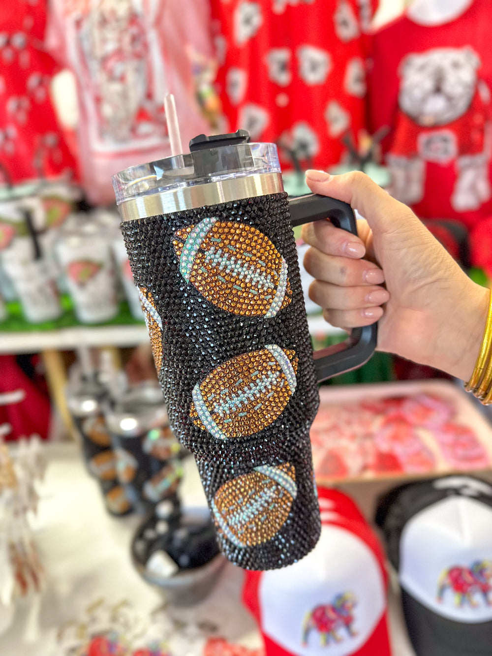 QUEEN OF SPARKLES | Black Rhinestone Football Tumbler